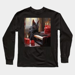 watercolor black cat playing piano Long Sleeve T-Shirt